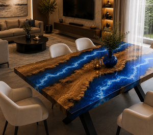 Table de salle à manger en résine bleu océan sur mesure, table de salle à manger en noyer avec bord naturel, mobilier en bois moderne, planche de cuisine de luxe - Product Image 2