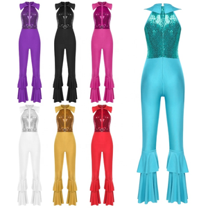 Mono de lentejuelas brillantes sin mangas con pantalón acampanado para mujer, ideal para baile, discoteca, actuaciones en escenario y fiestas. - Product Image 1