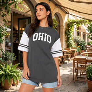 T-shirts Ringer personnalisés légers à épaules tombantes pour femmes, style universitaire oversize, color block, imprimé graphique vintage, vente en gros - Product Image 3