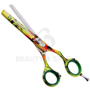 กรรไกรตัดผมหรูหรา สีสันสดใส ลายศิลปะ พร้อมปลายกรรไกรประดับประกายสีเขียวมะนาว - Product Image 2