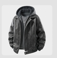 Veste en cuir PU noire à capuche pour homme, fermeture éclair, col rabattu, style décontracté, veste de motard ample