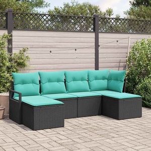 Ensemble de jardin en polyrotin noir et turquoise 6 pièces avec coussins, ensemble de canapés - Product Image 1