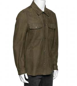Mens Olive Suede <b>Trucker</b> Shirt <b>Jacket</b> Single Breasted Woven Casual Waterproof Plus Size Men's Outdoor Sport <b>Jacket</b> with pocket - Product Image 4
