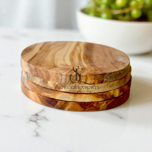 Handcrafted 6 Pieces Olive Wood Drink Coaster Set. Premium Rustic Round Shape Wooden <b>Cup</b> <b>Mats</b> For Coffee Tables & Serving Drinks - Product Image 2