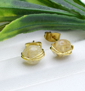 Golden Rutile Gemstone <b>Stud</b> Earrings | 8mm Wire Wrapped Golden Stone | Minimal Jewelry Gift - Product Image 2