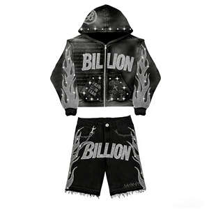 Ensemble sweat à capuche et short personnalisé effet délavé soleil, coupe courte, délavé à l'acide, style streetwear, avec strass et déchirures, fermeture éclair - Product Image 1