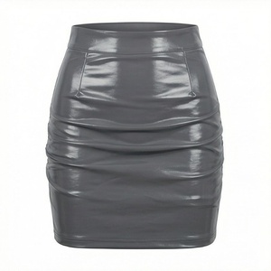 Minifalda de Piel Sintética para Mujer, Cintura Alta, Estilo Lápiz, Color Sólido Brillante, con Bolsillo, Estilo Sexy, para Todas las Temporadas - Product Image 1