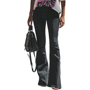 2025 pantalones vaqueros ajustados negros de tiro medio para mujer con pantalones vaqueros transpirables acampanados rasgados talla 12 estilo Y2K - Product Image 2
