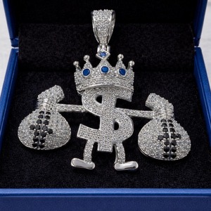จี้รูปสัญลักษณ์ดอลลาร์ประดับเพชรแบบ Iced Out พร้อมมงกุฎและถุงเงิน โมอิสซาไนต์ เงินแท้ 925 ชุบโรเดียม สไตล์ฮิปฮอป เครื่องประดับผู้ชาย - Product Image 3
