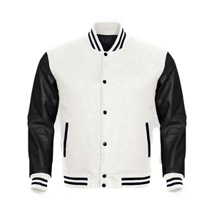 Custom High Quality Stand Collar White Leather Sleeves Black Wool Baseball Letterman College Varsity <b>Jackets</b> for Men Plain Dyed - Product Image 1