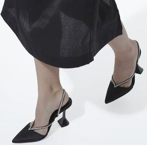 Escarpins Vibram talon évasé tendance de la mode Satin 9cm Toe Box PU Slingbacks chaussures pour femmes avec sangles en pierre - Product Image 3