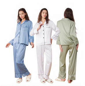 Conjunto de Pijama de Seda 100% para Mujer, Manga Larga, Cierre de Botones, Color Sólido, Cuello Camisero, Cintura Media, Largo Completo, Estilo Clásico - Product Image 6