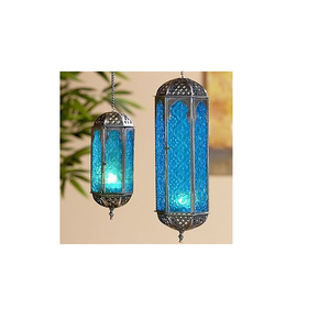 <b>Brass</b> <b>Lantern</b> With Blue Embossed Glass Panels Geometric Design Home Decoration Candle Holder - Product Image 1