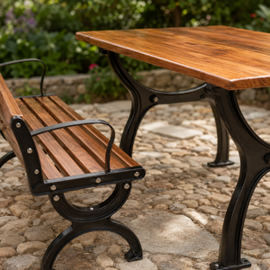 Three Piece Outdoor <b>Garden</b> Furniture Set with Wooden <b>Table</b> <b>and</b> Two <b>Benches</b> Black Metal Frame for Patio Lawn Park <b>and</b> Seating - Product Image 3