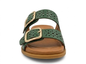 Sandales plates en cuir véritable vert, bout ouvert, fermeture à boucle, chaussures d'été respirantes, semelle en caoutchouc - Product Image 3