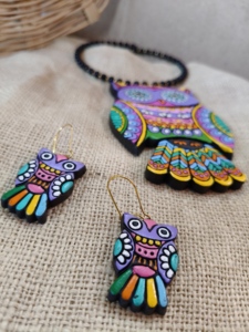 Handmade Terracotta Owl Necklace <b>Set</b> Earrings | Colorful Ethnic Wedding Jewelry <b>Set</b> | Trendy Boho Tribal Fashion Women's - Product Image 3
