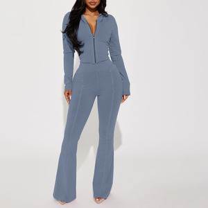 High Quality Women's Blue 2-Piece Knitted Set Long Sleeve Zipper <b>Top</b> Flare Pants Sexy Outfit Solid Color Washed Tracksuit Sets - Product Image 1