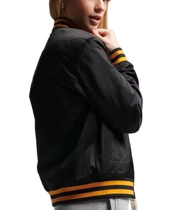 Women's Black Varsity Jacket Satin Full Sleeve Solid Color Turn-down Collar Zipper Closure Autumn Wear Logo Front - Product Image 4