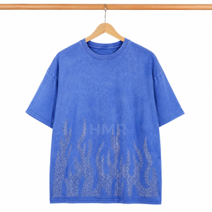 HMR Brotherhood Men's Oversized Blue Cotton T-<b>Shirt</b> With Rhinestone <b>Flame</b> Print Casual Streetwear Short Sleeve O-Neck Jersey - Product Image 5