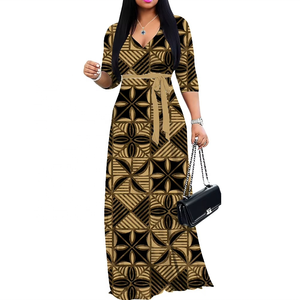 Vestido Largo Elegante con Cuello en V para Mujer, Diseño de Tatuaje Polinesio Samoano, Refresco de Verano, Moda Pasifika - Product Image 3