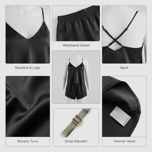 Ensemble de détente Reddito pour femme en satin de soie 100 %, sans manches, col en V, couleur unie, short, deux pièces, vêtements de nuit pour adulte, style printemps, élastique - Product Image 4