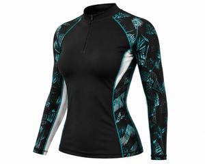 <b>Women's</b> Full Sleeve Rash Guard <b>Swim</b> Top Eco-Friendly UV Protection Breathable Quick Dry Spandex 180g Fabric Black Teal Print - Product Image 5