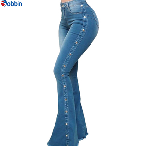 Vaqueros acampanados de mujer personalizados, transpirables, de cintura alta, elásticos, de pierna ancha, con efecto levanta glúteos, casuales, ajustados, de mezclilla, tipo pantalón. - Product Image 1