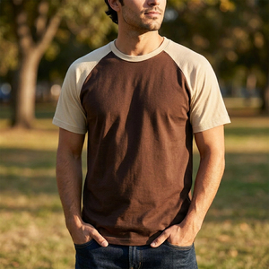 Men's <b>Raglan</b> Sleeve T-Shirt Brown Beige O-Neck Regular Fit Casual Knitted Solid Color Short Sleeve <b>Top</b> - Product Image 4