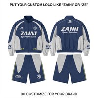 Ensemble de survêtement sportif haut de gamme en polyester 300 g/m² coupe-vent à capuche, séchage rapide, bleu marine et blanc avec empiècements contrastants, personnalisable avec logo