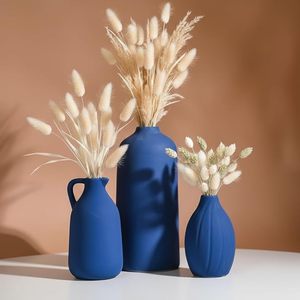Vase à fleurs en porcelaine bleue scandinave, récipient décoratif de table, finition émaillée, moderne, durable, décoration intérieure - Product Image 4