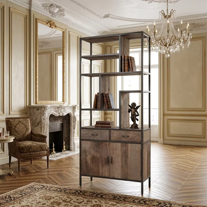 Silion Rack Eco-Friendly Durable Rustic Reclaimed <b>Wood</b> Industrial Iron Frame Tall Display <b>Bookcase</b> Cabinet Drawers Home Office - Product Image 4