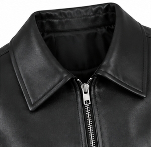 Chaqueta de moto de cuero genuino negra para mujer, abrigo corto estilo biker con cuello vuelto y cremallera - Product Image 6