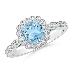 Bague en or massif 14 carats avec halo floral et aquamarine, bijoux fins faits à la main, personnalisés, pour mariage ou fiançailles - Product Image 1