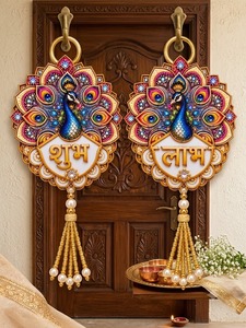 Decoración Artesanal 3D de Pavo Real Shubh Labh en MDF para Colgar en la Pared, Tradicional Decoración India para el Festival Diwali, Mandir Pooja, Hogar y Oficina, Venta al Por Mayor - Product Image 2