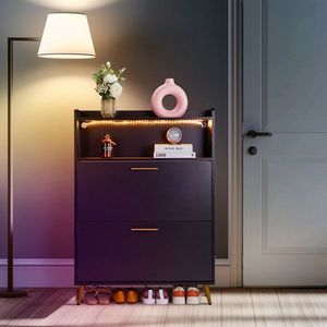 Scarpiera Nera 80x38x90cm a 6 Strati con Luci LED, Pieghevole, in Truciolato, con Doppia Anta e Funzione Salvaspazio - Product Image 6