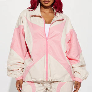 Wholesale <b>Women</b> <b>Pink</b> Beige Color Block <b>Tracksuit</b> Casual Loose Fit Zip Up Windbreaker Jacket and Jogger Pants OEM ODM - Product Image 5