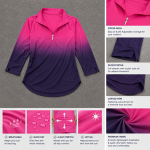 Chemise de golf à manches longues pour femmes, à fleurs, avec fermeture éclair sur le côté, protection UV, séchage rapide, extensible, haut de performance pour le golf - Product Image 3