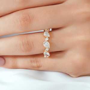 แหวนเพชรทรงลูกแพร์แบบครึ่งวงสำหรับผู้หญิง ทองคำแท้ 14K เหมาะสำหรับเป็นของขวัญขอแต่งงานสำหรับแฟนสาว - Product Image 1