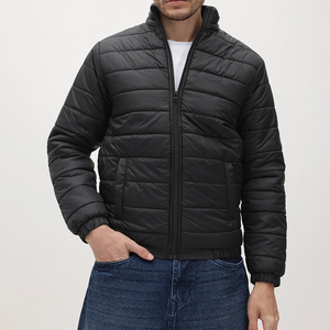 Men's Black Puffer Jacket Stand Collar Zipper Closure Windproof Polyester Winter Casual Coat Regular Fit Solid Color - Product Image 1