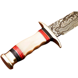 Cuchillo Bowie de Acero de Damasco Hecho a Mano con Mango de Hueso Crema, Detalles Rojo Marrón y Hoja con Patrón Plateado, Cuchillos de Caza de Hoja Fija - Product Image 5