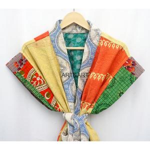 Colorful Patchwork Cotton Kimono Wrap Robe V-Neck Belted <b>Short</b> <b>Sleeve</b> Summer Women's <b>Jacket</b> - Product Image 3