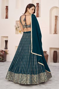 Blue <b>Sequin</b> Chiffon Striped Short Sleeve Lehenga Choli Set Embroidered Banarasi Style Full Women Outfit Dupatta Wedding Party - Product Image 5