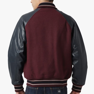 Men's Maroon Varsity Jacket with PU Leather Sleeves Embroidered Patch Design Turn-down Collar Casual Autumn Wear - Product Image 4
