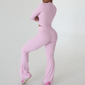 Conjunto de Yoga de 2 Piezas Color Marrón, Top Corto y Leggings Largos de Cintura Alta, Sin Costuras, Transpirables, de Color Sólido y Manga Larga - Product Image 5