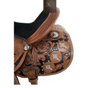 Selle de cheval western en cuir marron repoussé avec gravures florales, siège en daim noir orné de cristaux transparents, avec kit de harnais, 10-18 pouces - Product Image 2