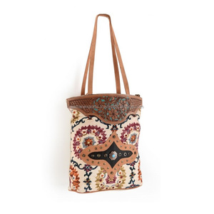 Highest Quality Canvas Tote Handbag With Leather <b>Tooling</b> With <b>Plain</b> Strap Bohemian Style Tote Bag Supplier Manufacturer - Product Image 2
