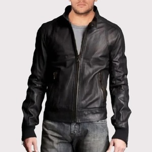 เสื้อแจ็คเก็ตหนังทรงบอมเบอร์สำหรับผู้ชายสุดเท่พร้อมปกตั้ง - Product Image 1