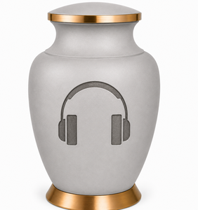 Urne funéraire élégante gris mat avec gravure d'icônes casque et chat, urne commémorative haut de gamme pour les amateurs de musique et les passionnés de podcasts - Product Image 3