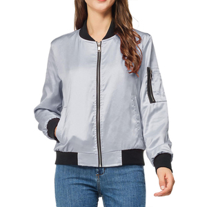 Women's Silver Satin Bomber <b>Jacket</b> Classic Zip Up Shiny Silk Flight <b>Jacket</b> Lightweight Casual Outerwear Coat with Pocket Grey - Product Image 5