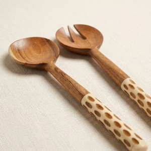 Handcrafted Acacia Wood <b>Salad</b> Server Set with Decorative Bone Inlay Handles Wooden Serving Utensils Wholesale Custom Logo - Product Image 2